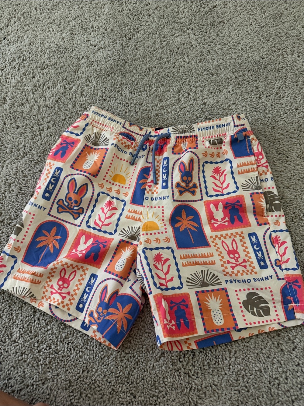 Psycho Bunny Kids Swim Trunks in Cream, Blue, Pink, Orange